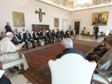 Pope Francis meets with members of Leaders Pour la Paix at the Vatican on Sept. 4, 2021.